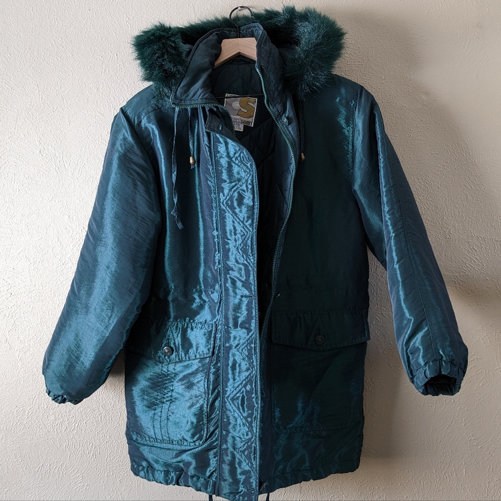 Vintage 90's Current Seen Metallic Green Puffer Coat Size S